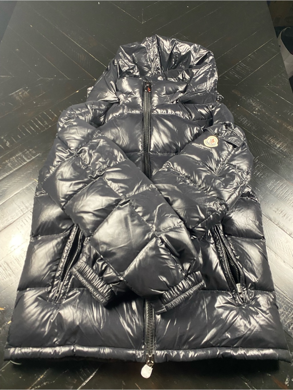 Moncler Men Glossy Black Quilted Hooded Puffer Jacket.  Removable Hooded.